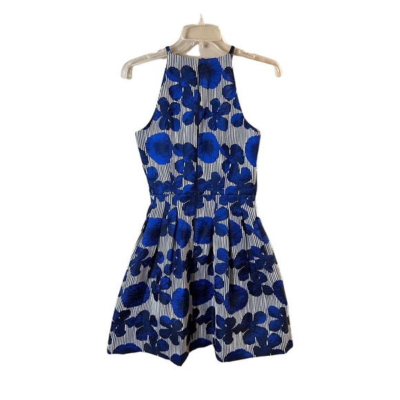 Belle Badgley Mischka Blue Floral Striped Sleeveless Fit And Flare Dress Size 2 - Picture 5 of 11